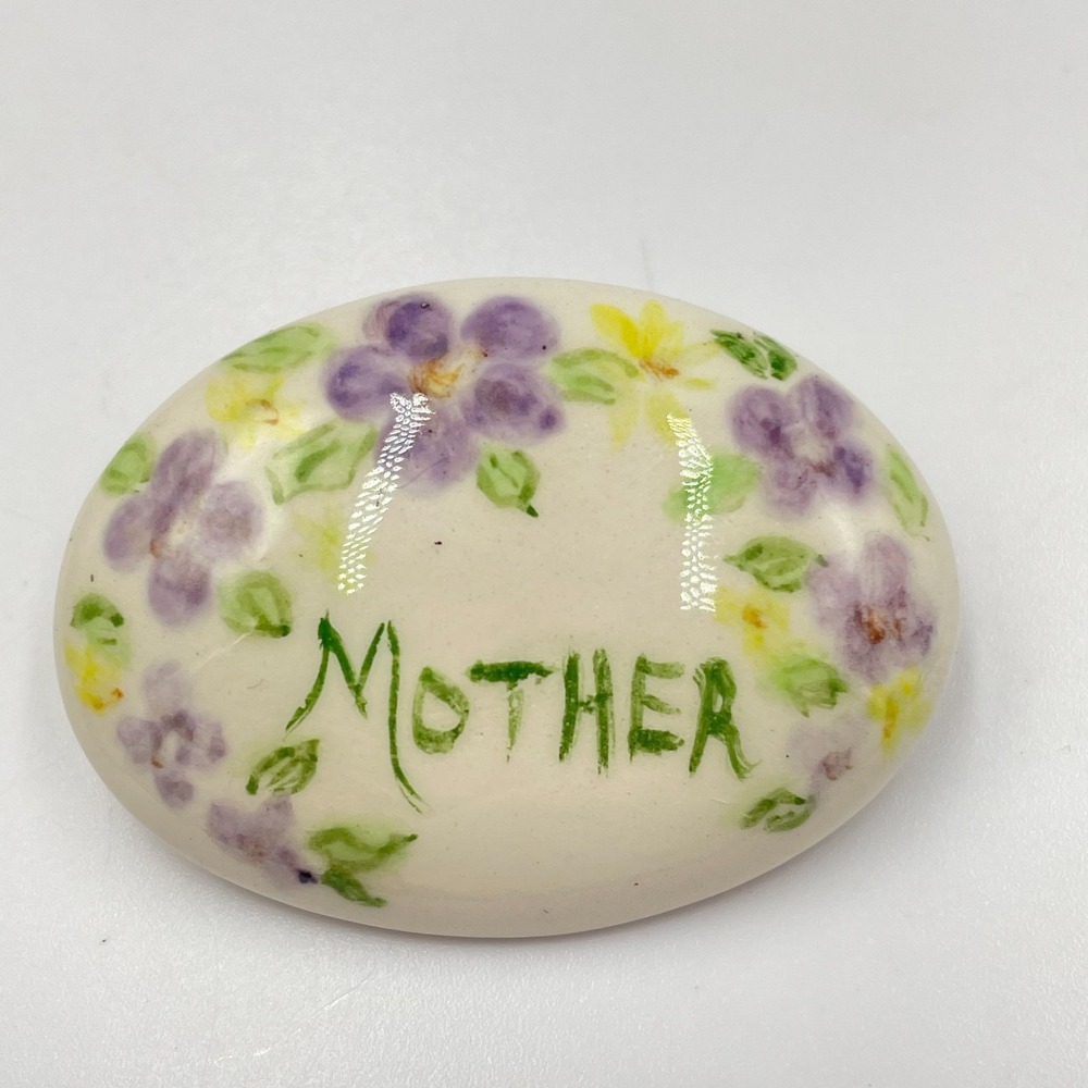 Vintage Ceramic Mother Floral Brooch Hand Painted Purple Yellow Flower Pin